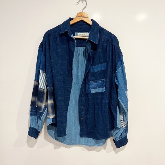 Free People Patch Denim High Low Button Down Shacket Top - Picture 7 of 13